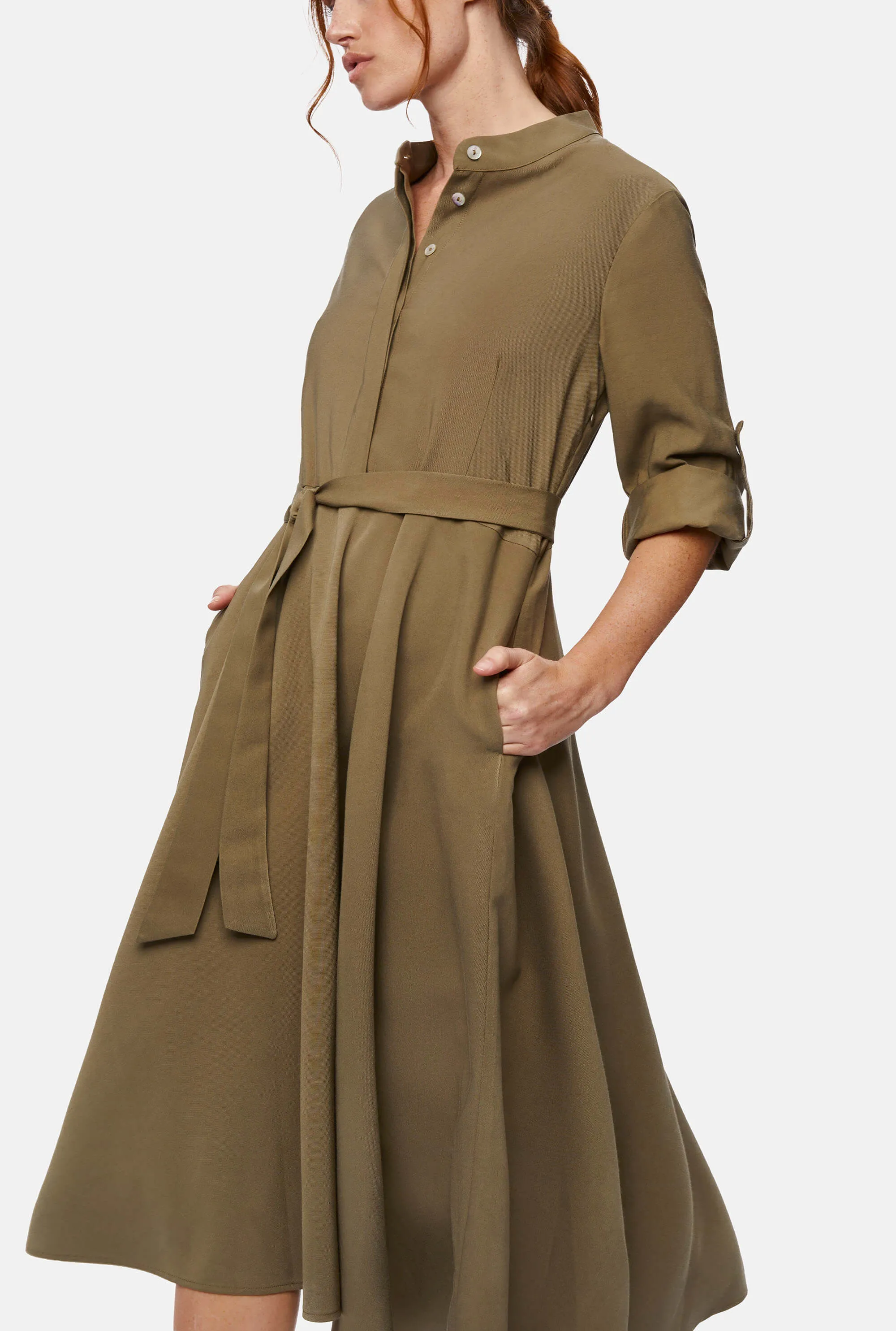 Roll Sleeve Midi Dress Military