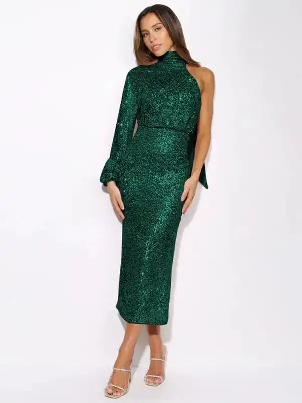 scarf slit evening dress one shoulder sequins