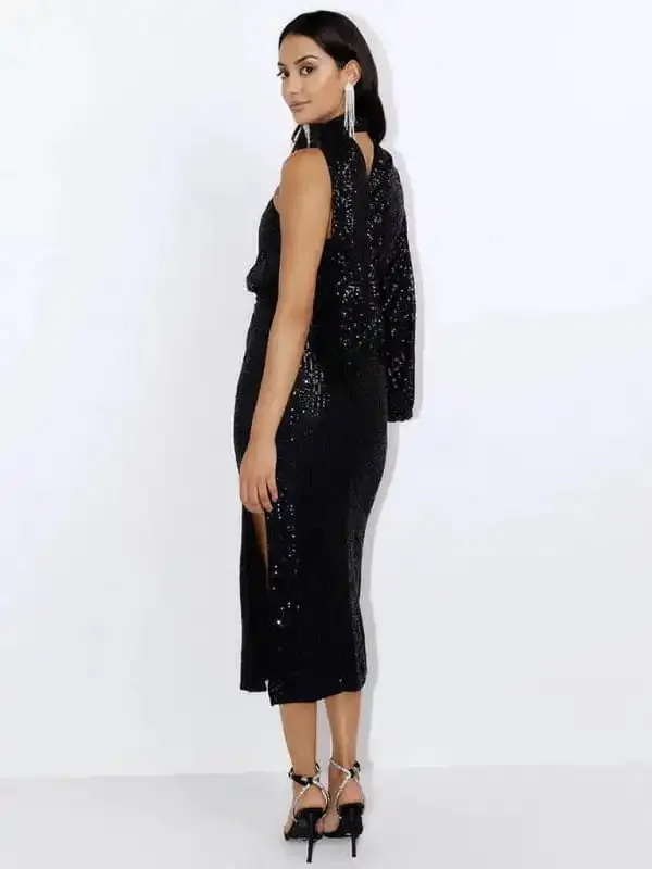 scarf slit evening dress one shoulder sequins