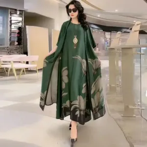 Silk Dress Two-Piece Women's Elegant Floral Plus Size Dress Casual Beach Vintage Long Dress mother dress 2024 Summer New Fashion